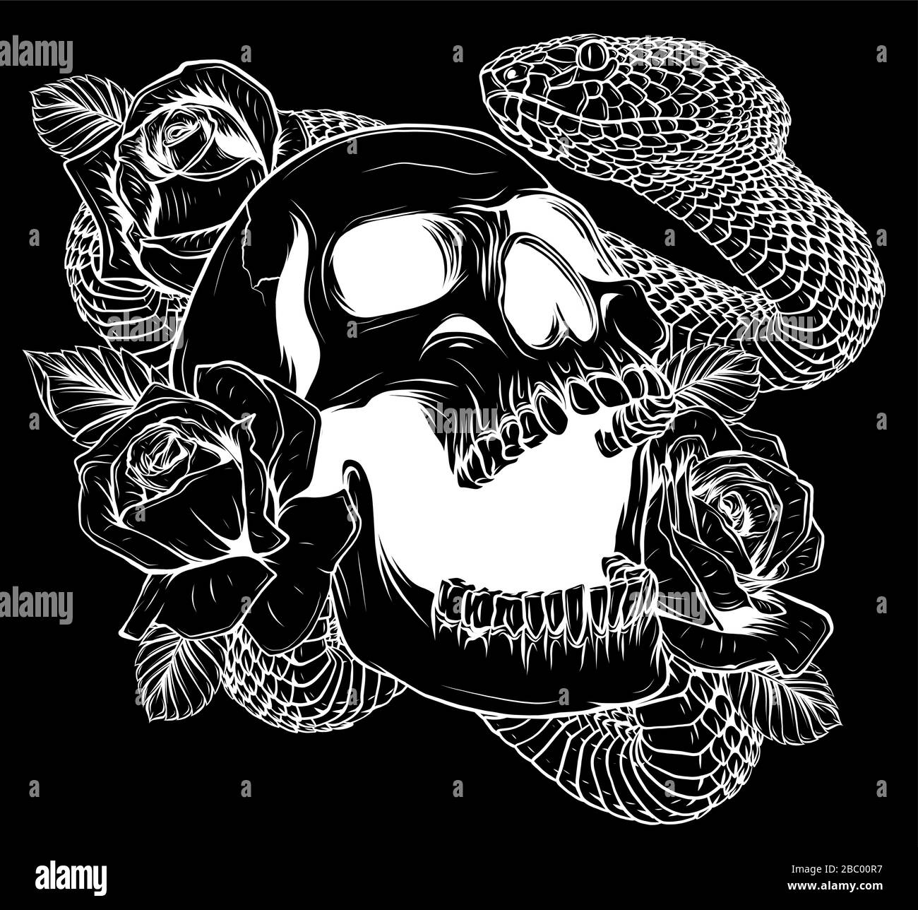 Illustration of skull with snake in black background Stock Vector