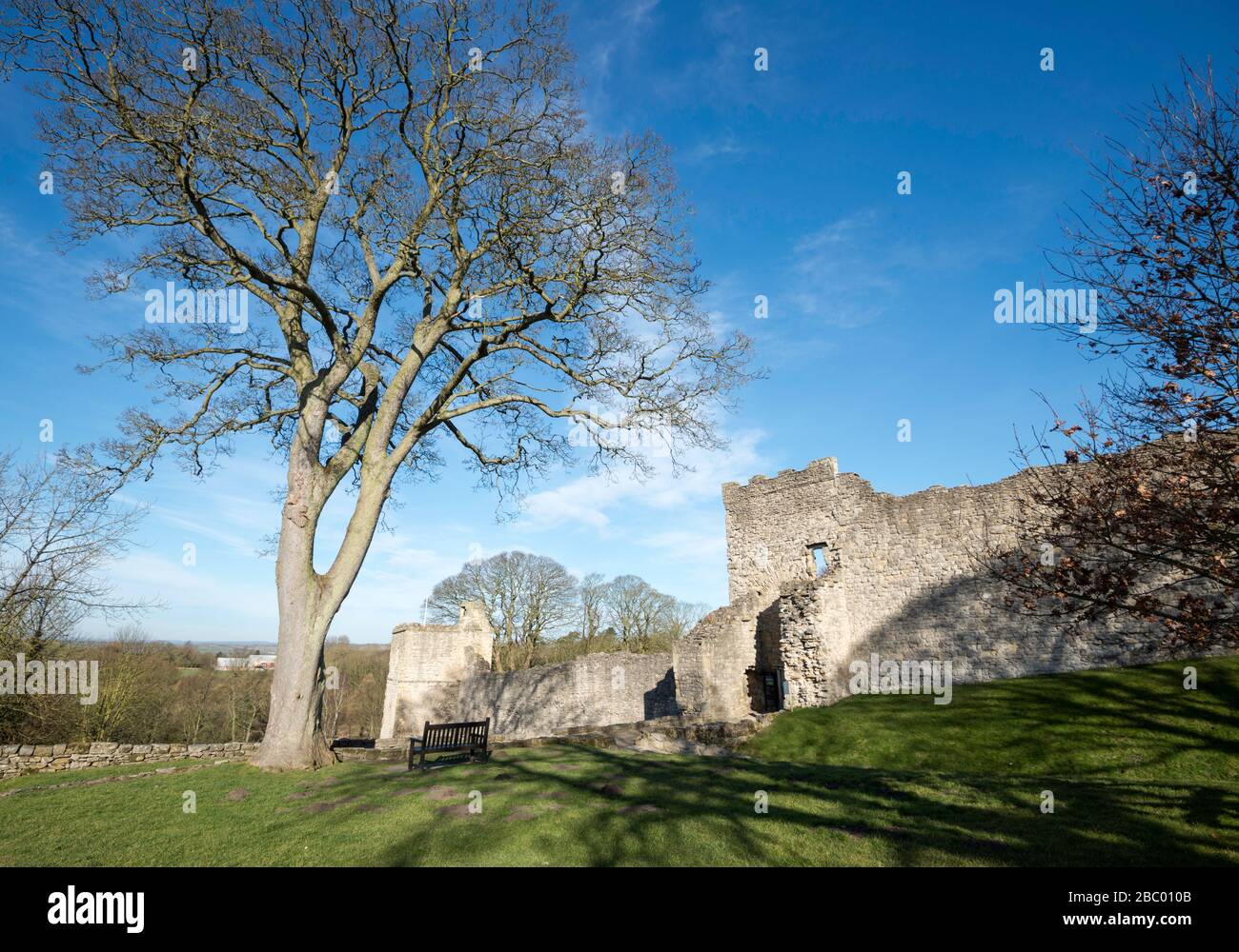 Winter view of the walls and outer gatehouse of Pickering Castle in North Yorkshire Stock Photo