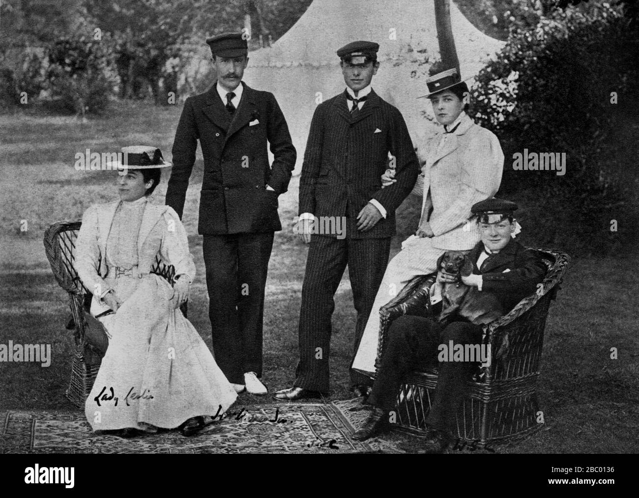 Winston Churchill at Cowes Regatta with his aunt, Lady Leonie Leslie, Mr H.V. Warrender, brother Jack Churchill and his mother, Lady Randolph.1896. Stock Photo