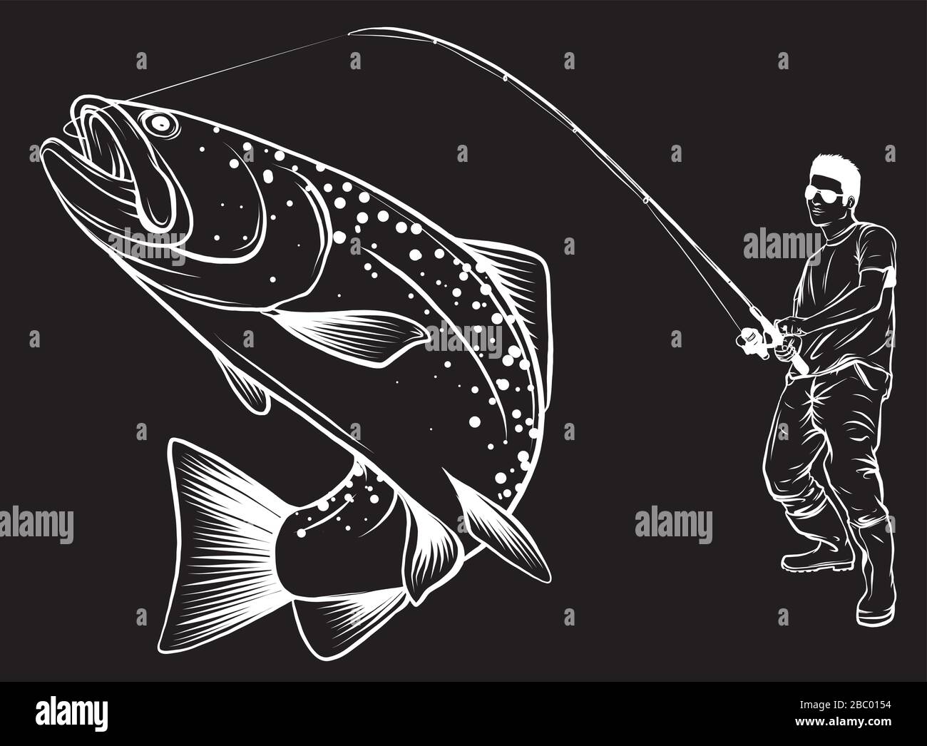 Fisherman catches fish vector in black background Stock Vector