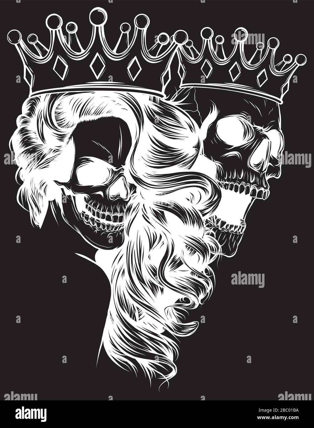 King and queen of death. Portrait of a skull with a crown in black background Stock Vector