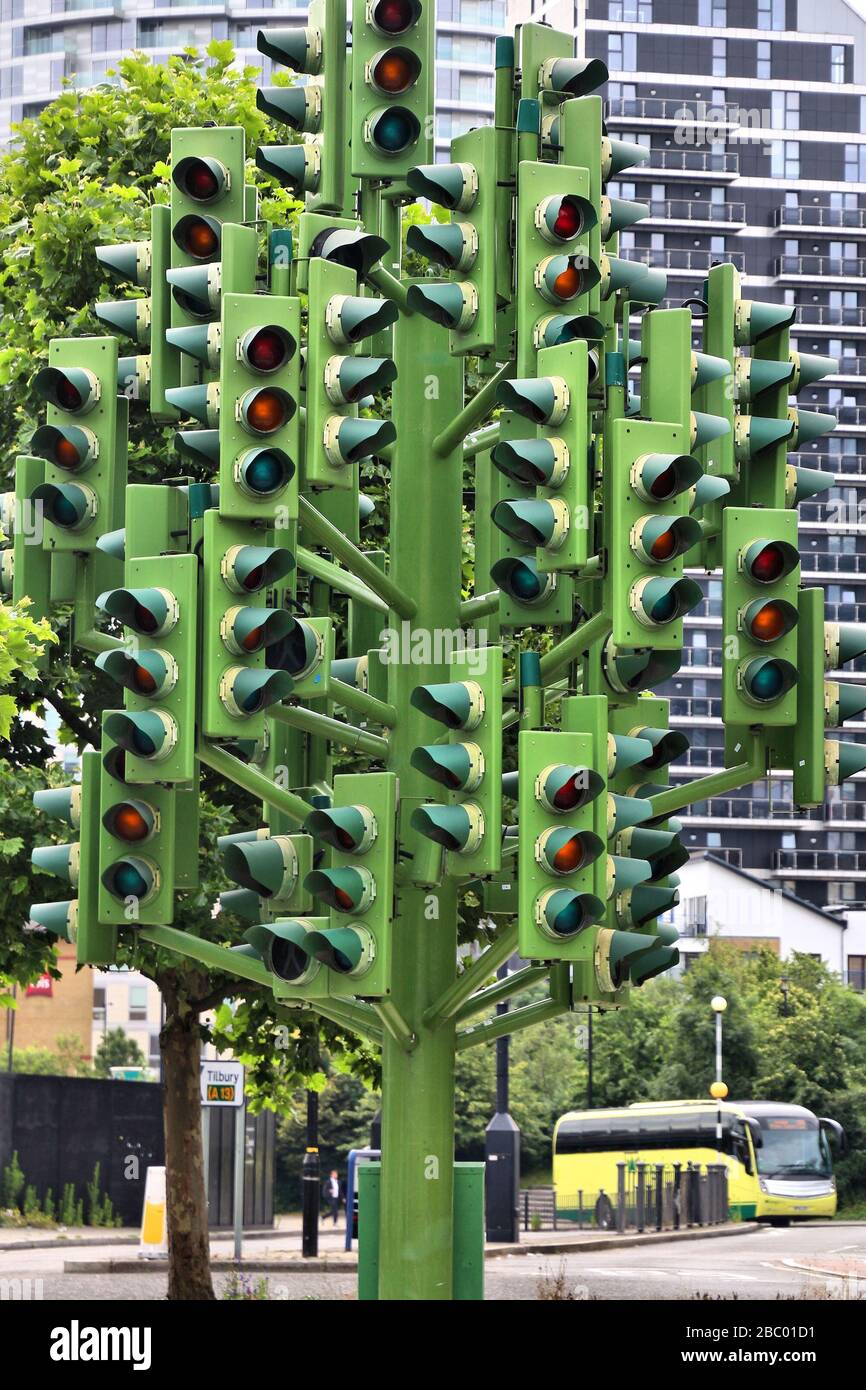 LONDON, UK JULY 8, 2016 Traffic Light Tree sculpture in Poplar