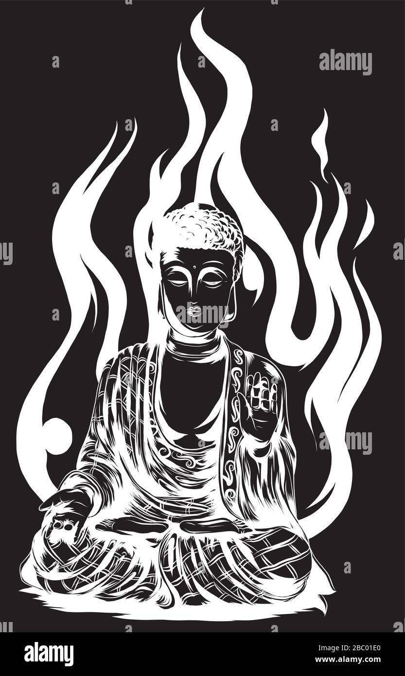 Statue of Buddha sitting in the lotus position in black background Stock Vector