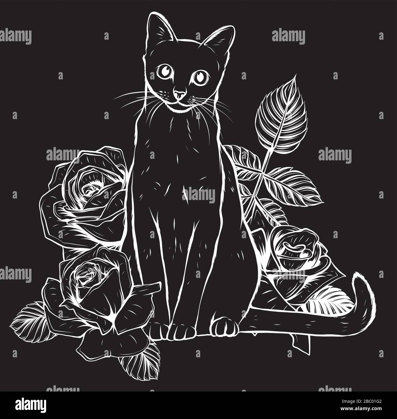 Vector Color Cat Roses Illustration in black background Stock Vector