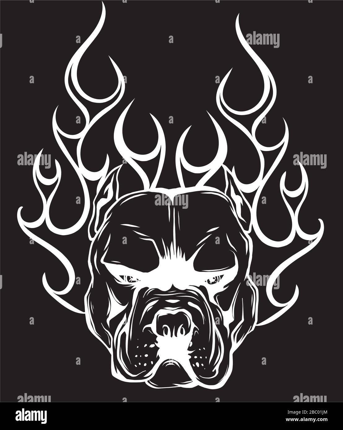 Bull Dog Flame Tattoo in black background Stock Vector