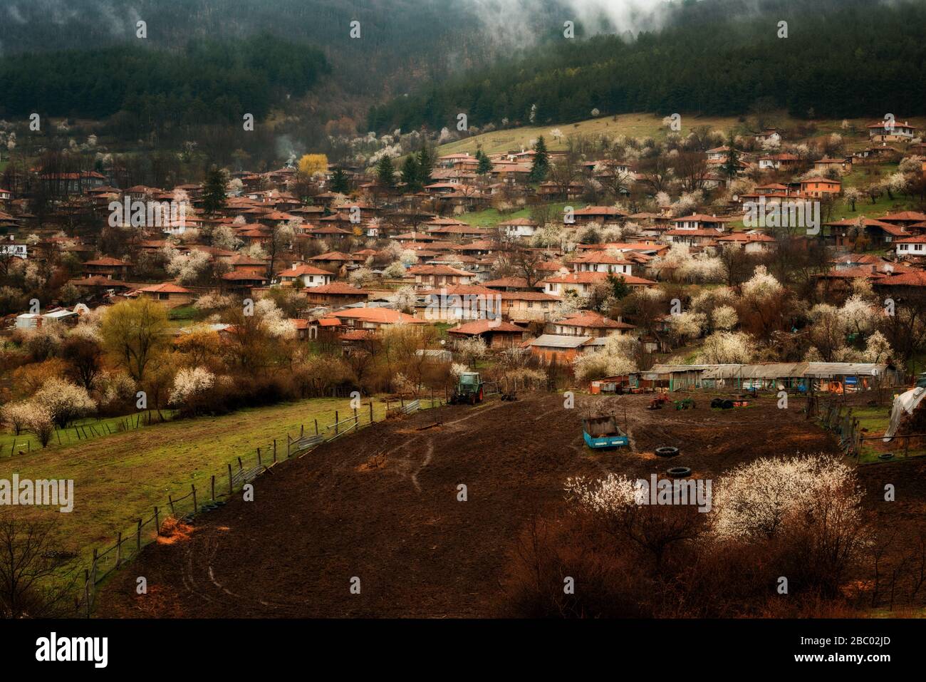 Spring view at Zheravna, Bulgaria. Architectural reserve of rustic houses and narrow cobbled streets from the Bulgarian national revival period. Stock Photo