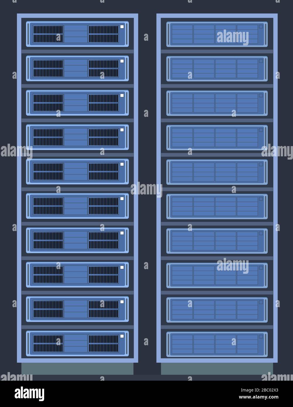 Server room in data center. Cloud storage and computing internet technology illustration. Stock Vector