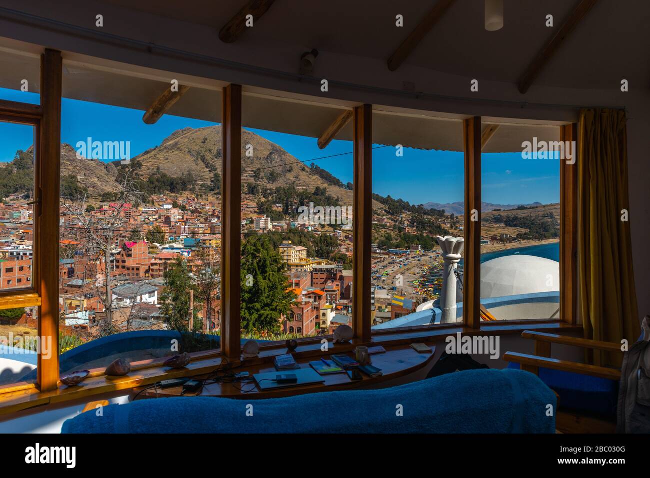 View from the Hostal La Cúpula on the beach of Copacabana, Lake Titicaca, Andes Mountains, Department La Paz, Bolivia, Latin America Stock Photo