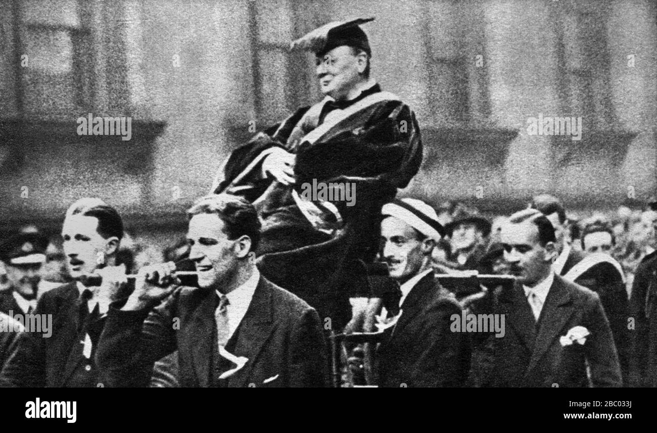 Winston Churchill carried aloft by students on becoming Lord Rector of Edinburgh University.March 1931 Stock Photo