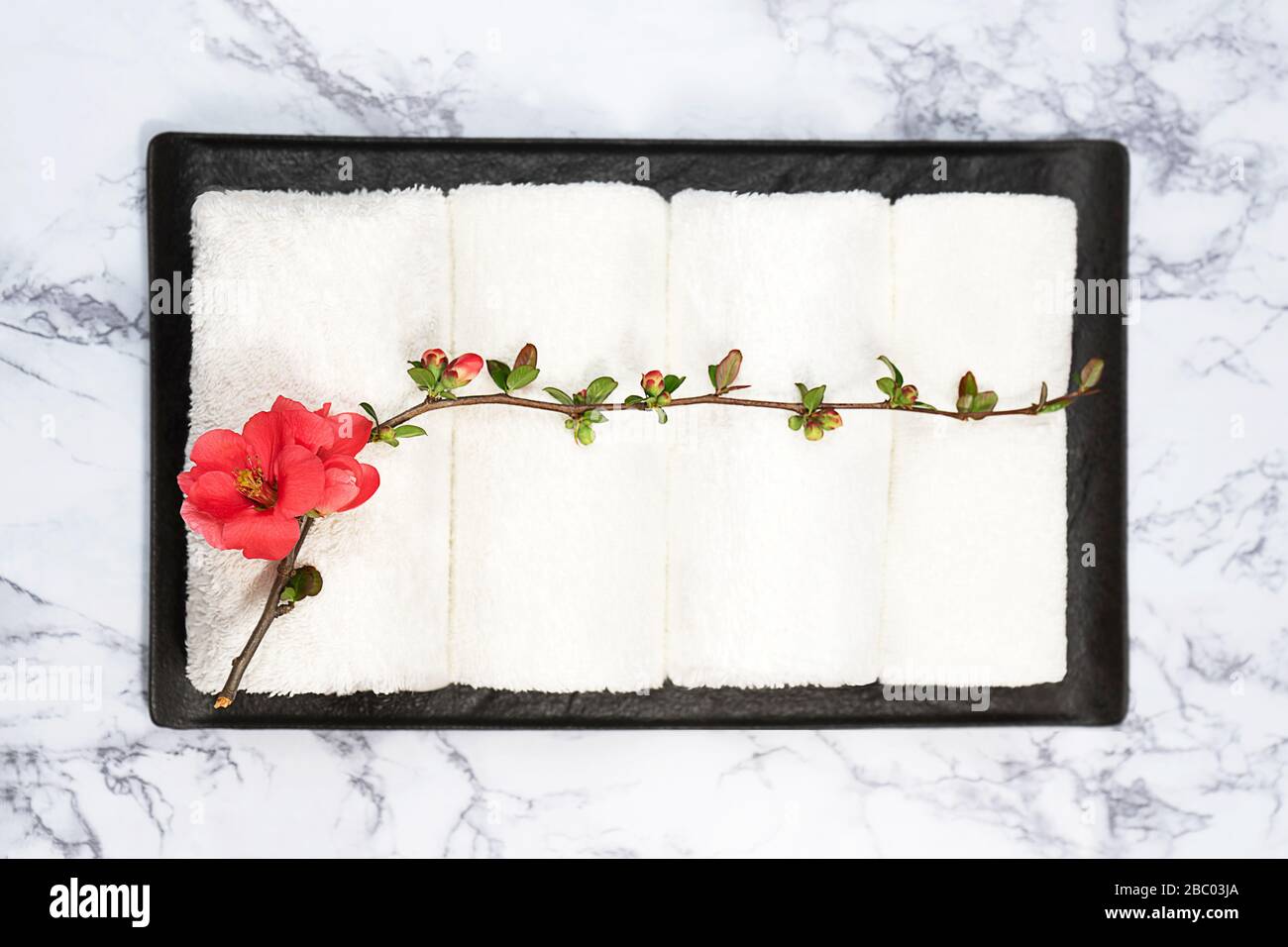 Beauty and spa concept. White towels and red flower on black tray on marble background. Flat lay. Japanese relaxation style. Stock Photo