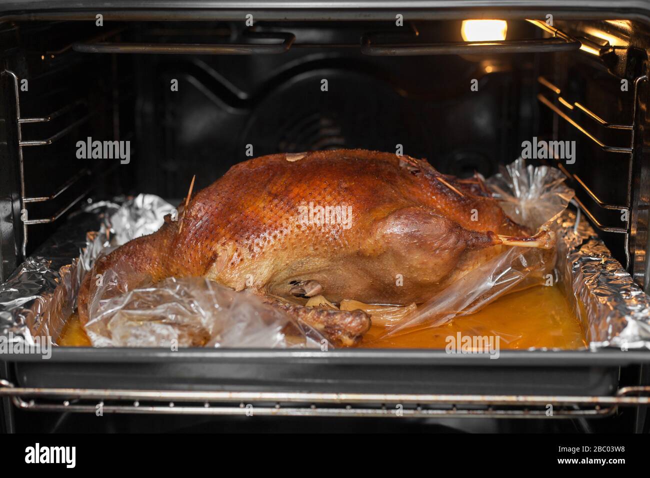 Baked duck. In the oven with a crisp. Lying on a baking sheet Stock