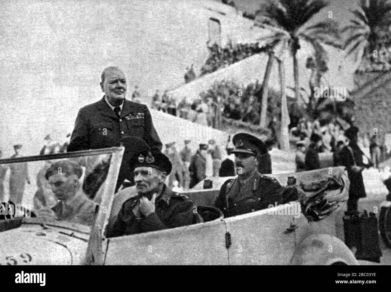 Winston Churchill in Tripoli, Libya, with General Montgomery and Sir Oliver Lees.8th February 1943. Stock Photo