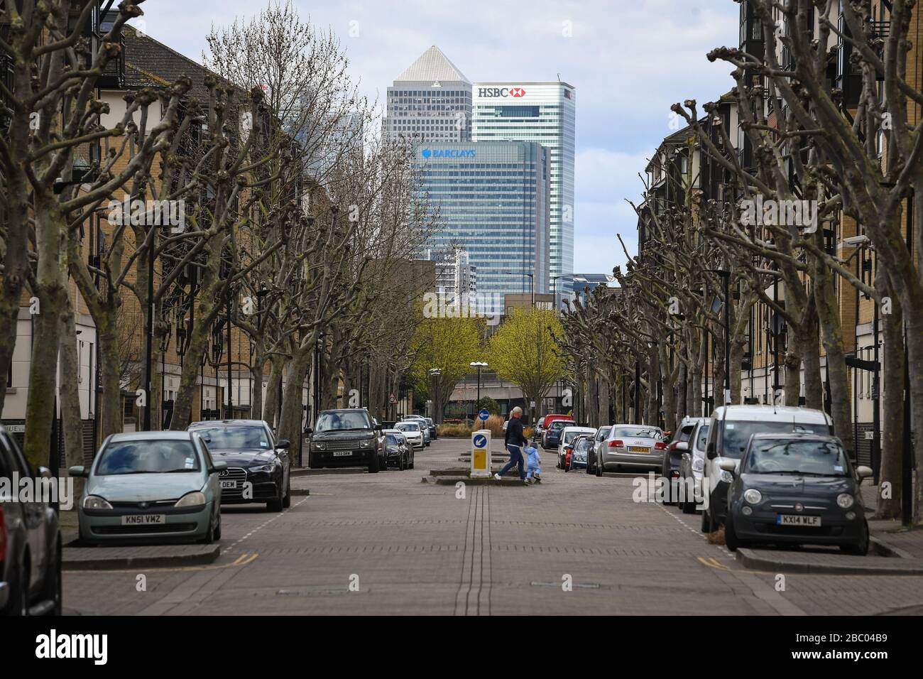 Empty streets within sight of Canary Wharf, in east London, as the UK continues in lockdown to help curb the spread of the coronavirus. Stock Photo