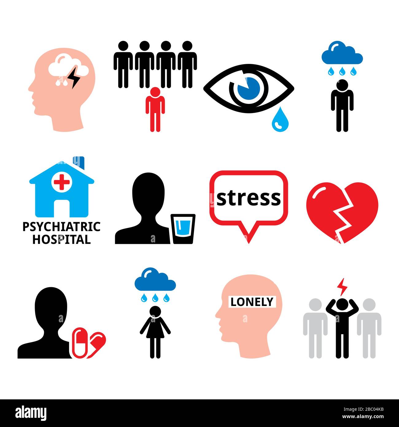 Depression, stress, anxiety vector icons set - mental health concept, depressed poeple design Stock Vector