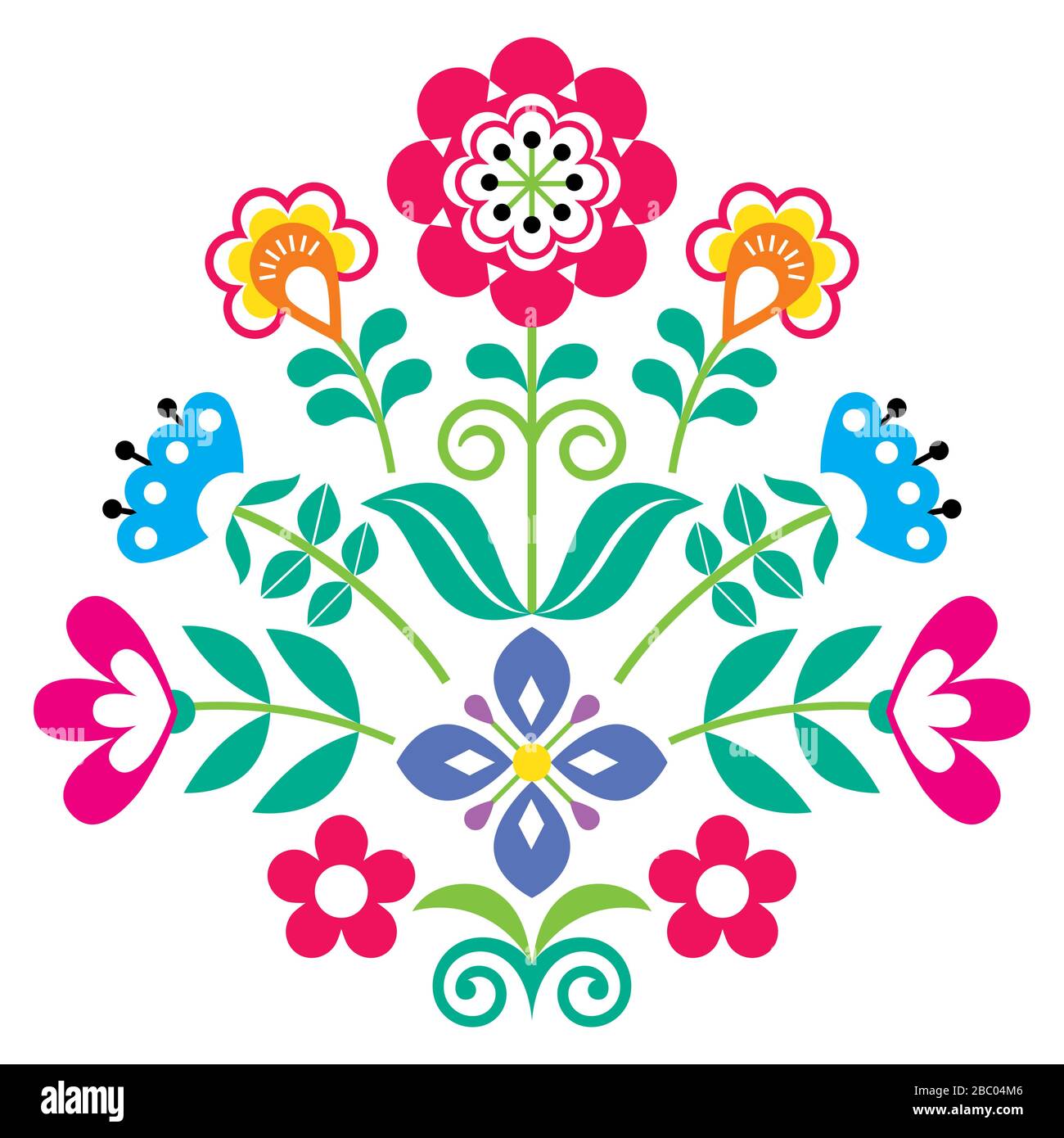 Scandinavian bear folk art vector round pattern with flowers and wreath, Nordic floral greeting card or invitation inspired by traditional embroidery Stock Vector