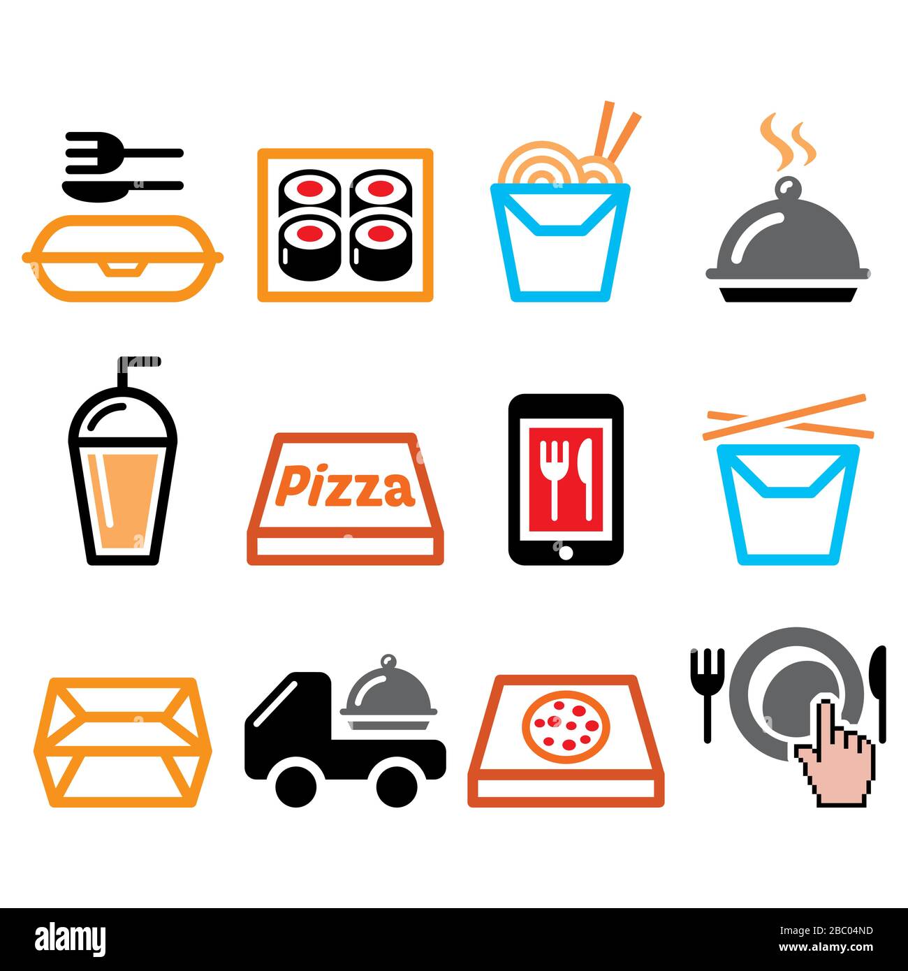 Take away box, meal vector icons set, Chinese food delivery, pizza and sushi bar take away design Stock Vector
