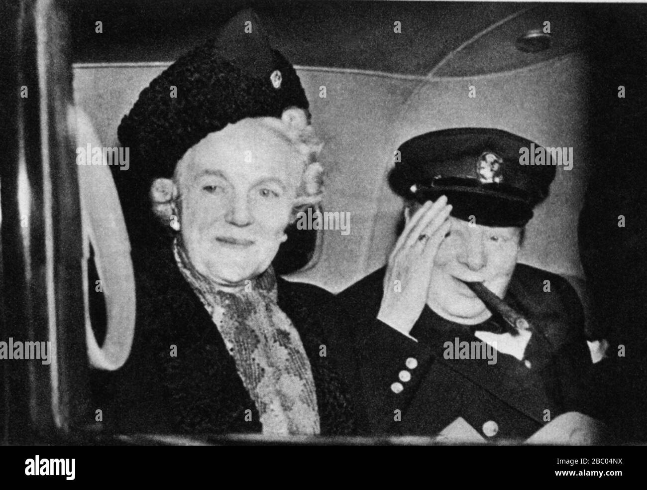 Winston Churchill, with his wife, leaving their London home for a holiday in Miami, Florida, USA. 9th January 1946. Stock Photo