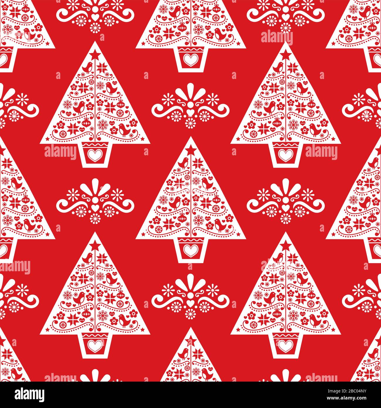 Christmas tree folk art vector seamless pattern- Scandinavian style design with birds, flowers and snowflakes Stock Vector