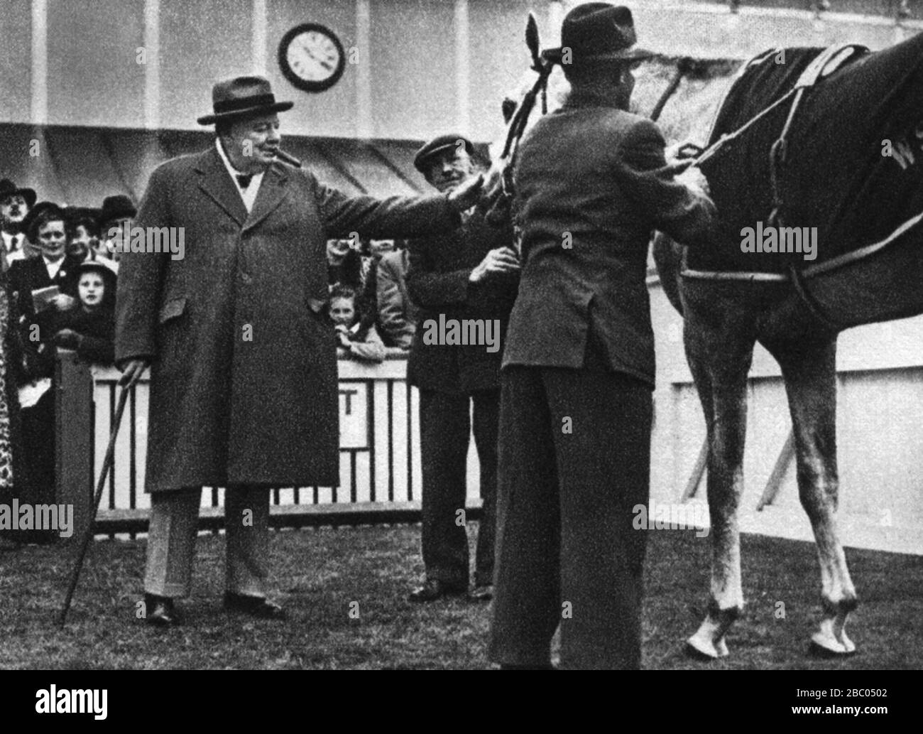 Winston Churchill congratulating his horse, Colonist ll after winning the Lime Tree Stakes. September 1951 Stock Photo