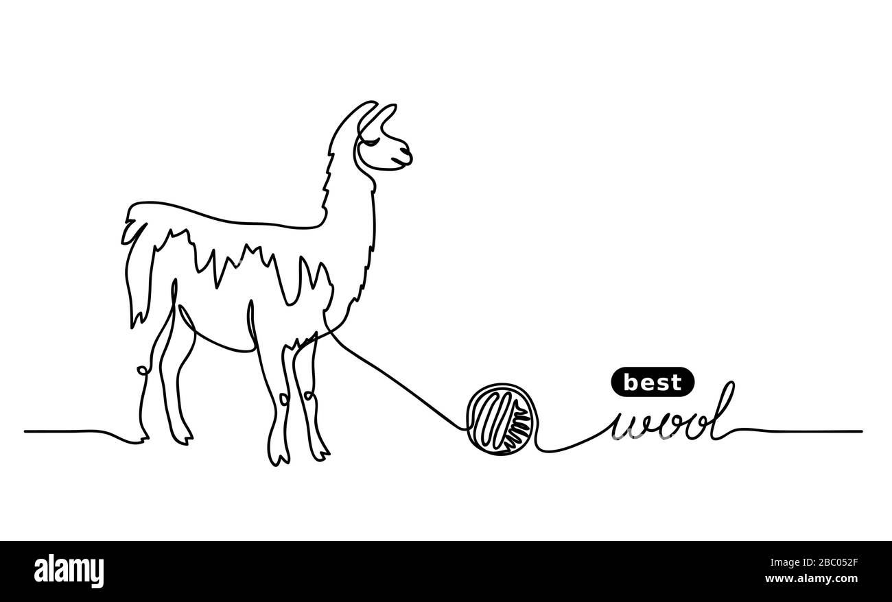 Lama best, finest wool. Vector label design, simple background. One continuous line drawing Stock Vector