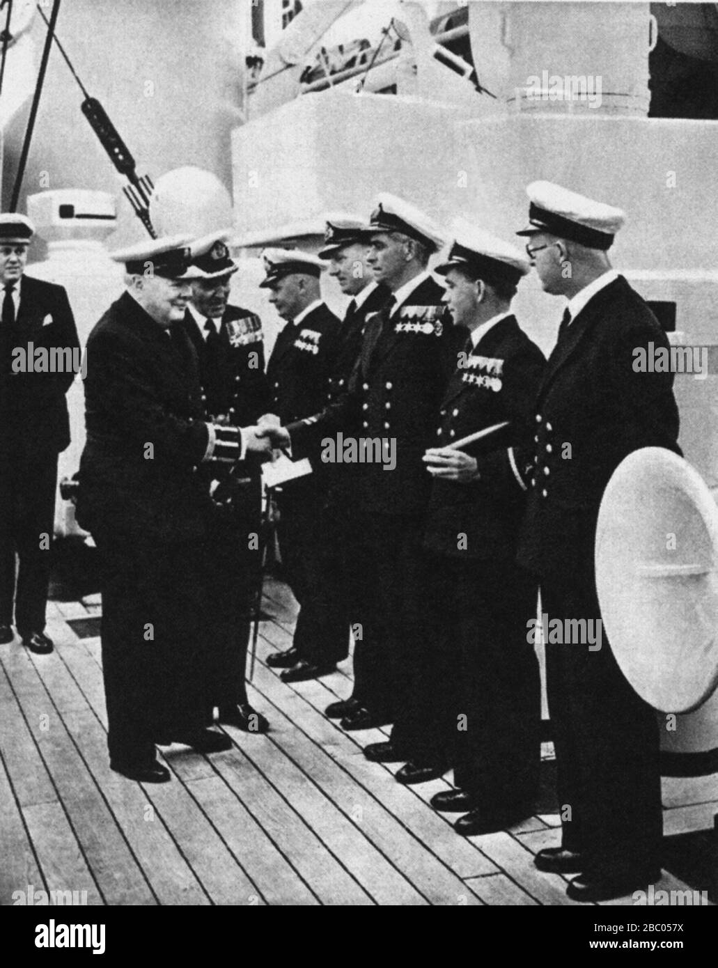 Winston Churchill aboard the Trinity House vessel Patricia at the Spithead Review.15th June 1953 Stock Photo