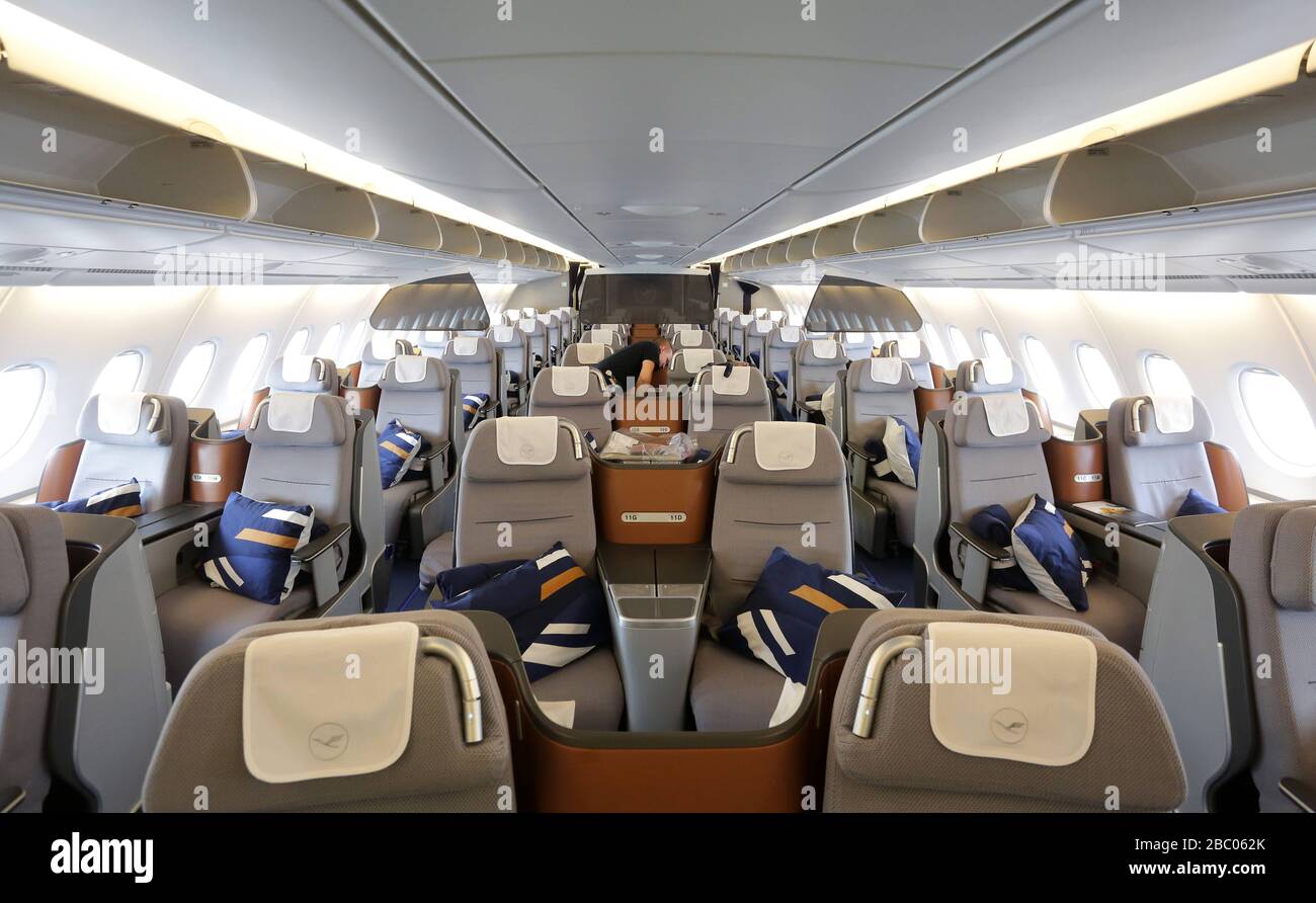 Business Class seats in a Lufthansa A380 aircraft. [automated translation] Stock Photo