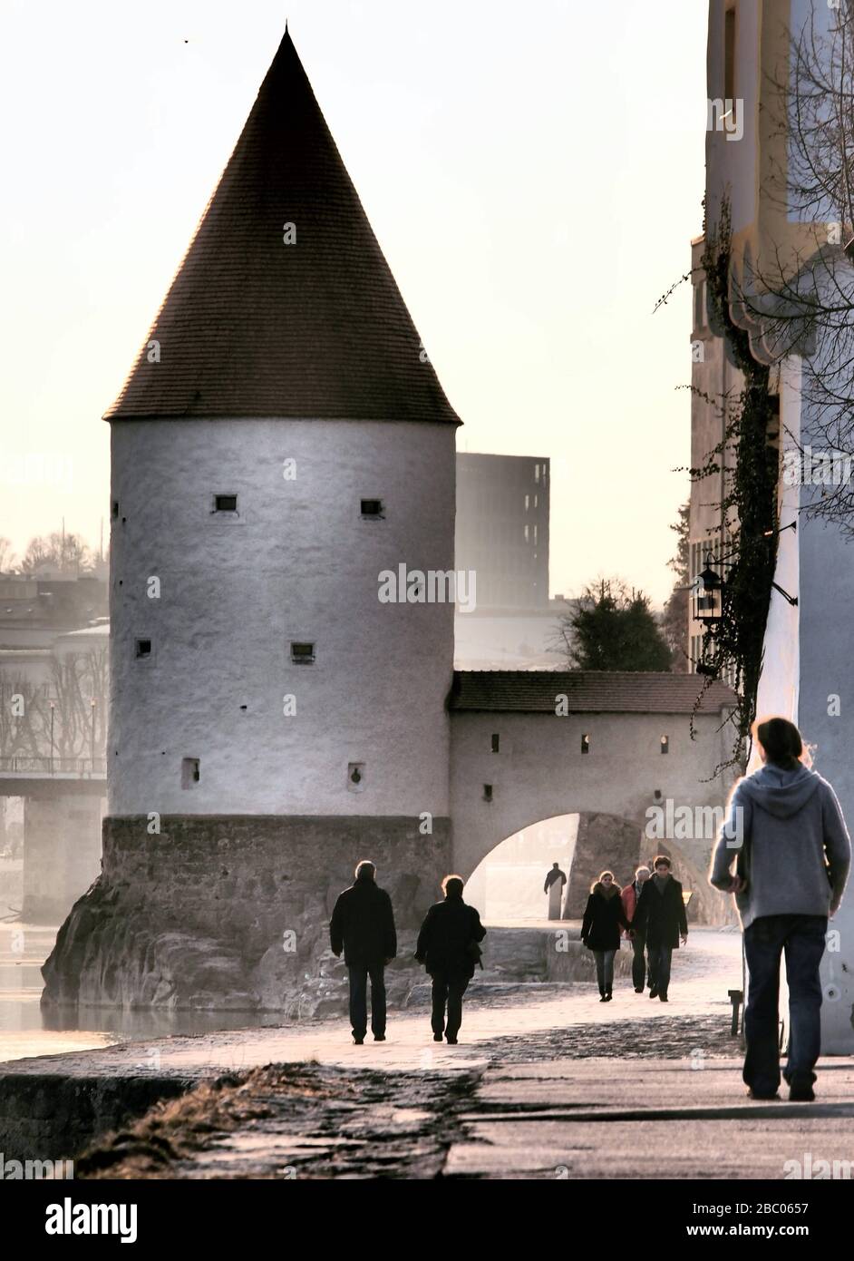 Inn promenade with powder tower in Passau. [automated translation] Stock Photo