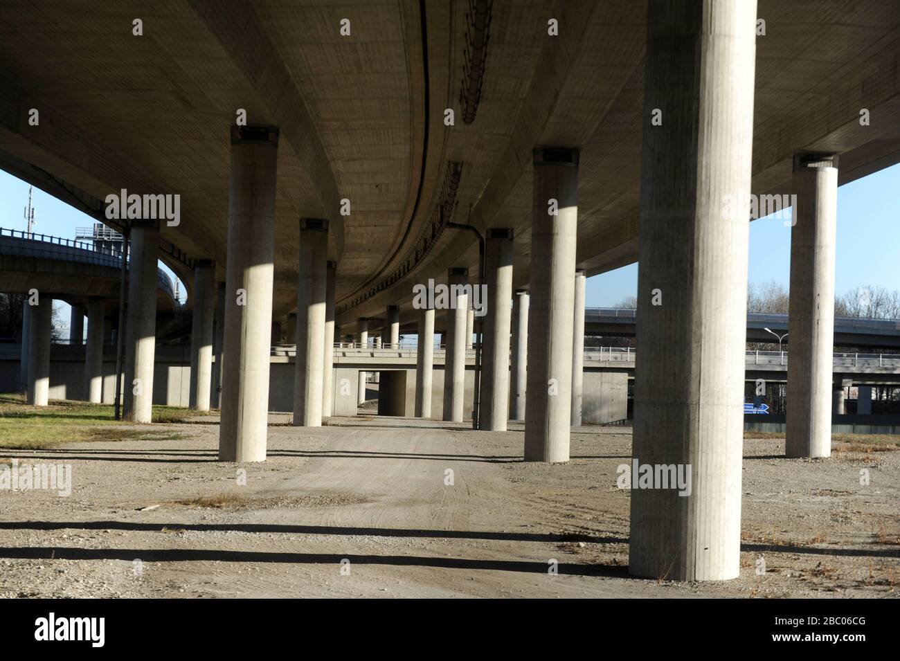 Open space under the bridge of the A9 (Nuremberg motorway) in Munich Freimann. [automated translation] Stock Photo