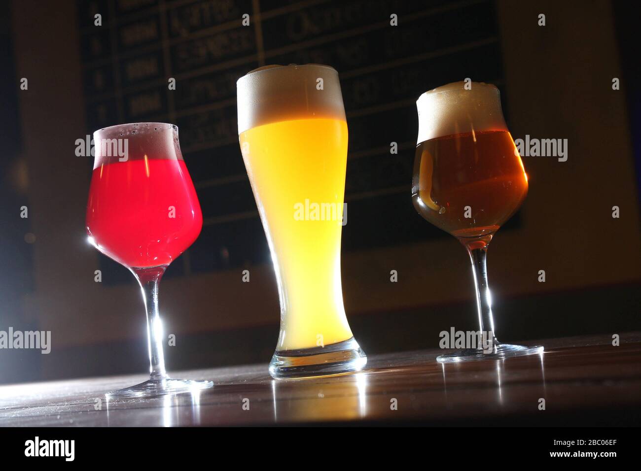 From left to right: Lindemans Belgian Cherry Beer, Camba White Beer and Svaneke Chocolate Stout in the Tap House at Rosenheimer Straße 108 in Haidhausen. [automated translation] Stock Photo