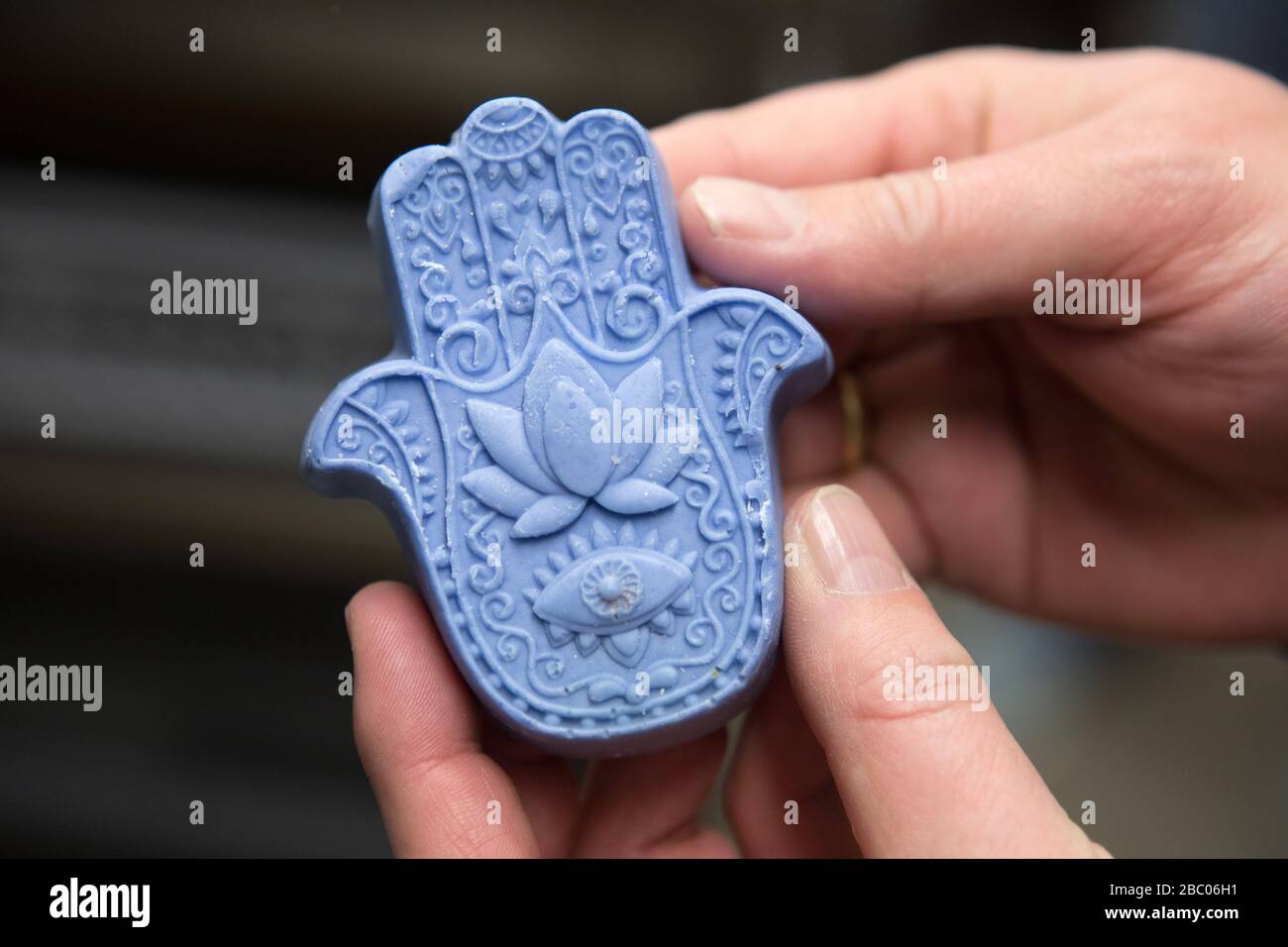 'Hand of Fatima': blue sheep's milk soap from the Munich soap factory. [automated translation] Stock Photo