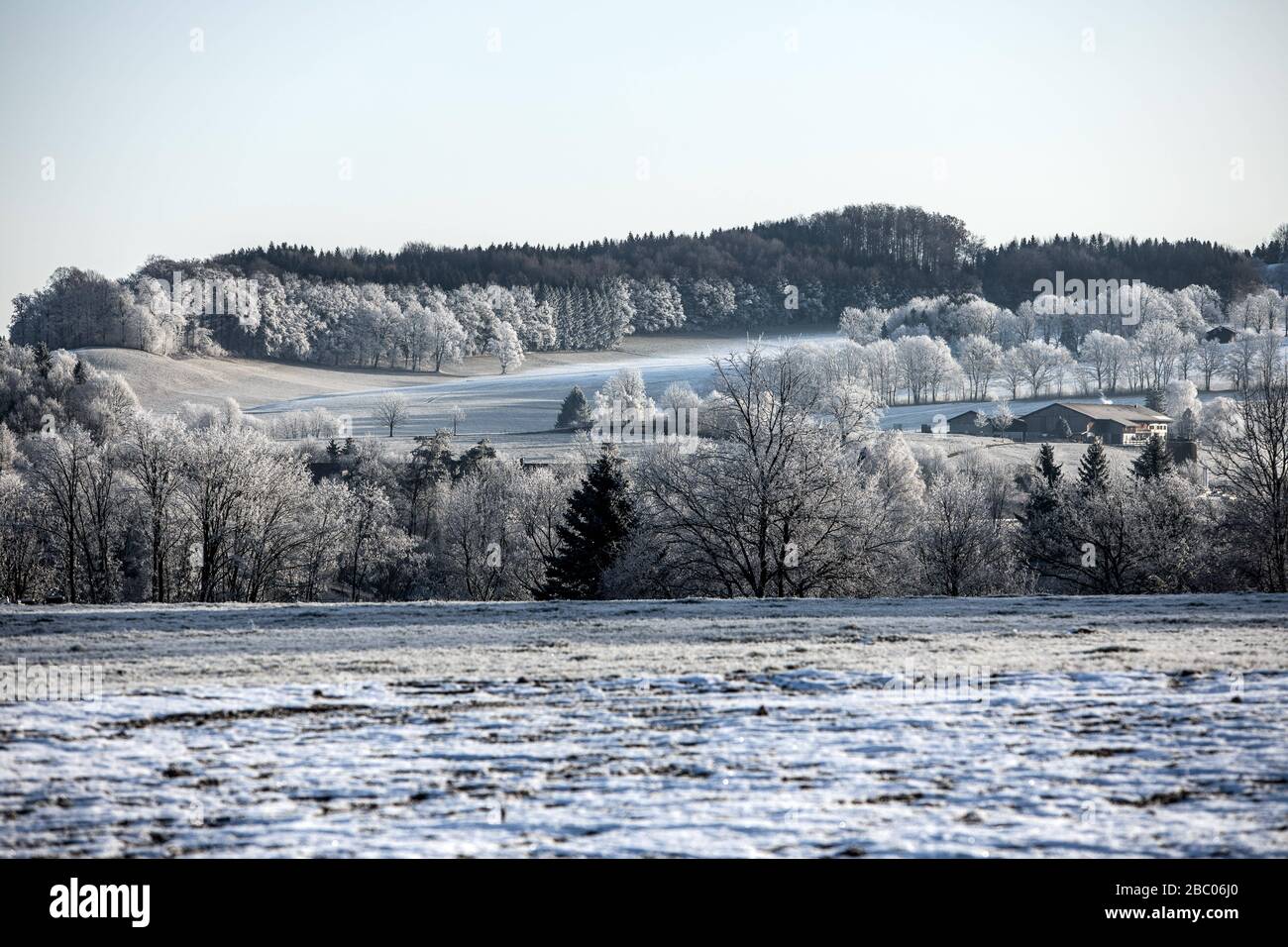 Winterly view in Miesbach from the green in the direction of Vogelherd. [automated translation] Stock Photo