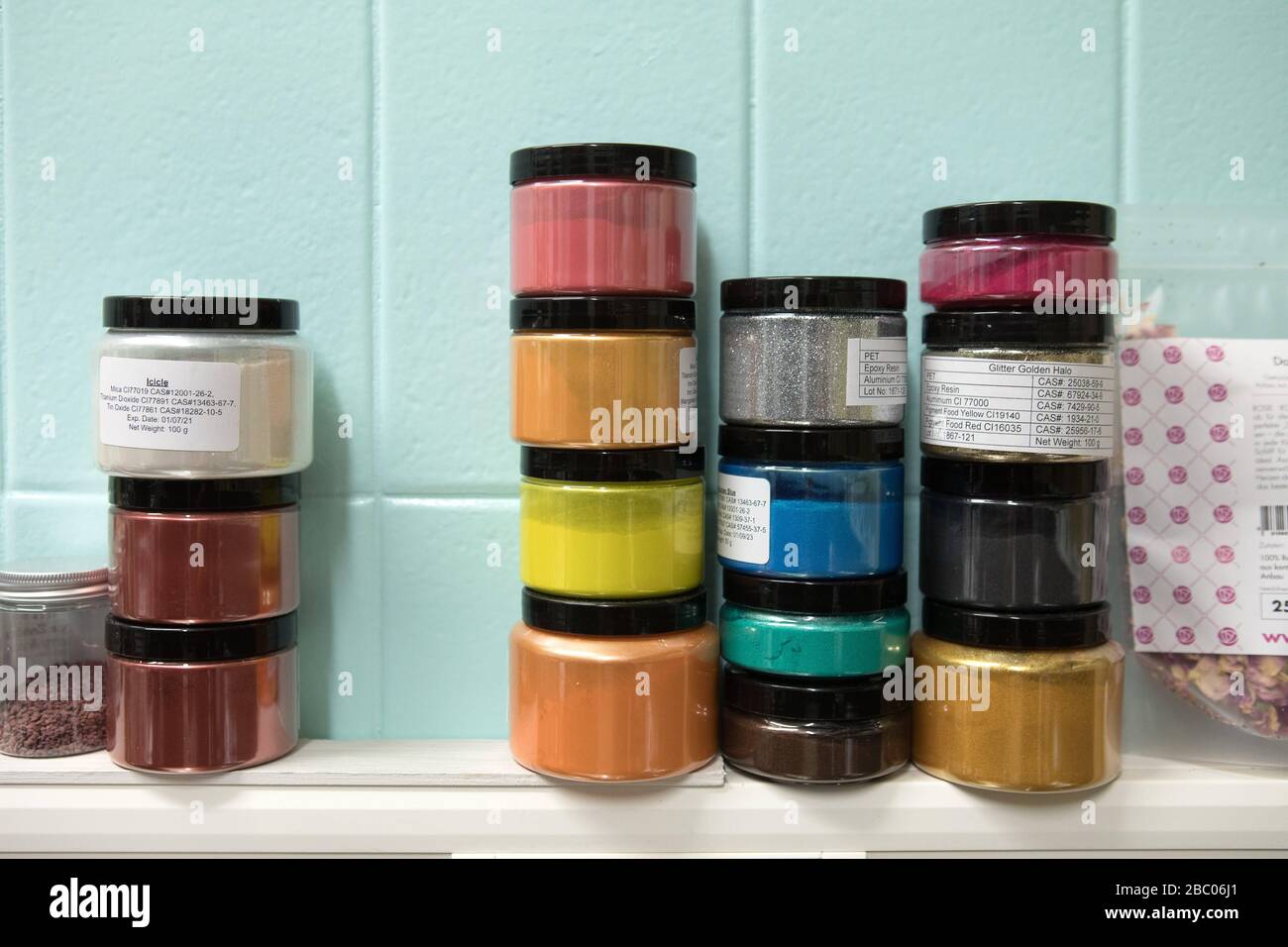 Colours for soap production in the Munich soap factory. [automated translation] Stock Photo