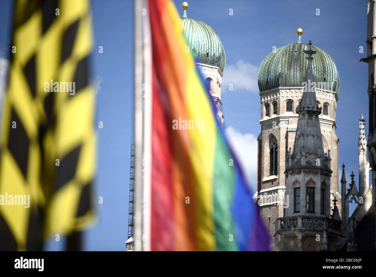 Flags with rainbow flags in Munich city centre for Christopher Street Day 2019. [automated translation] Stock Photo