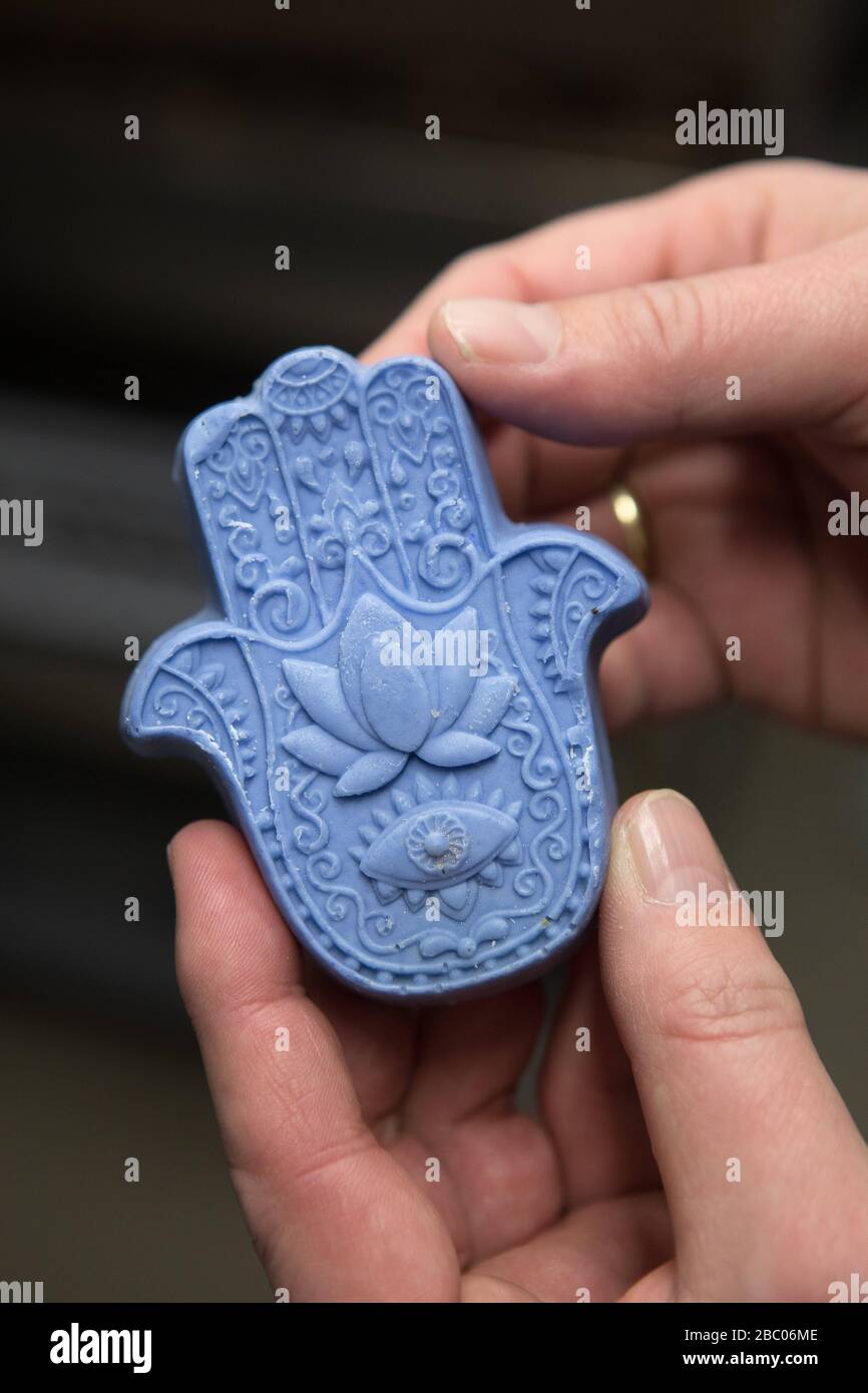 'Hand of Fatima': blue sheep's milk soap from the Munich soap factory. [automated translation] Stock Photo