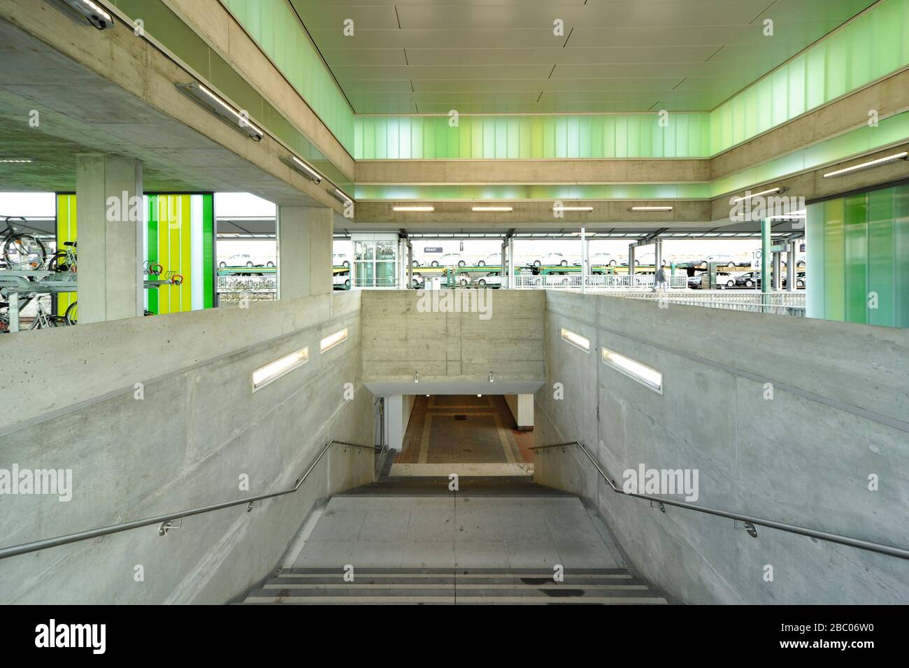 Entrance to the S-Bahn station in Munich-Allach. On the left side there are bicycle racks. [automated translation] Stock Photo