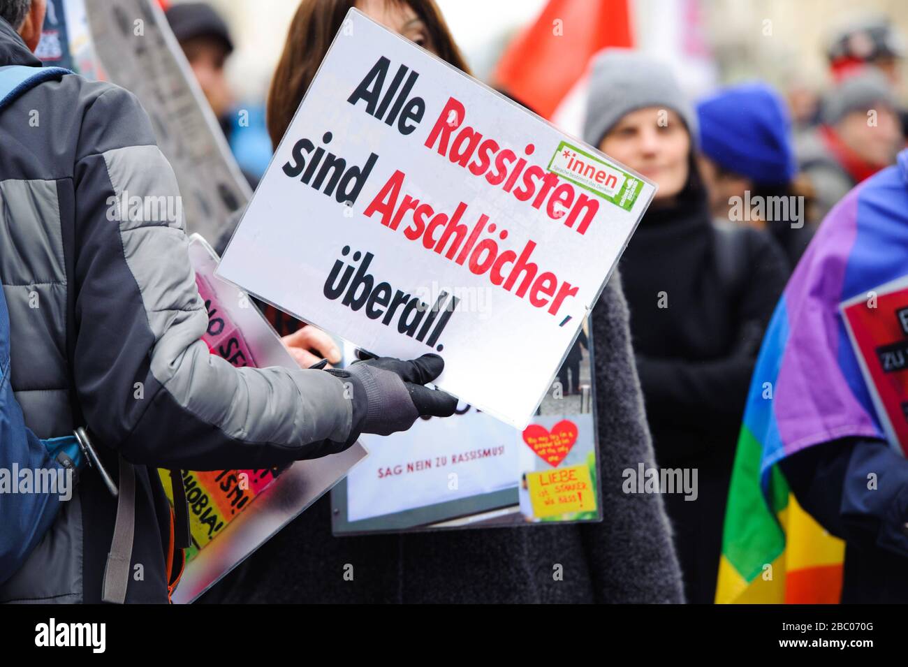 A vigil of the party 'Die Partei' on the 100th anniversary of the foundation of the NSDAP in Munich. The picture shows the central rally on Odeonsplatz in front of the Feldherrnhalle. [automated translation] Stock Photo