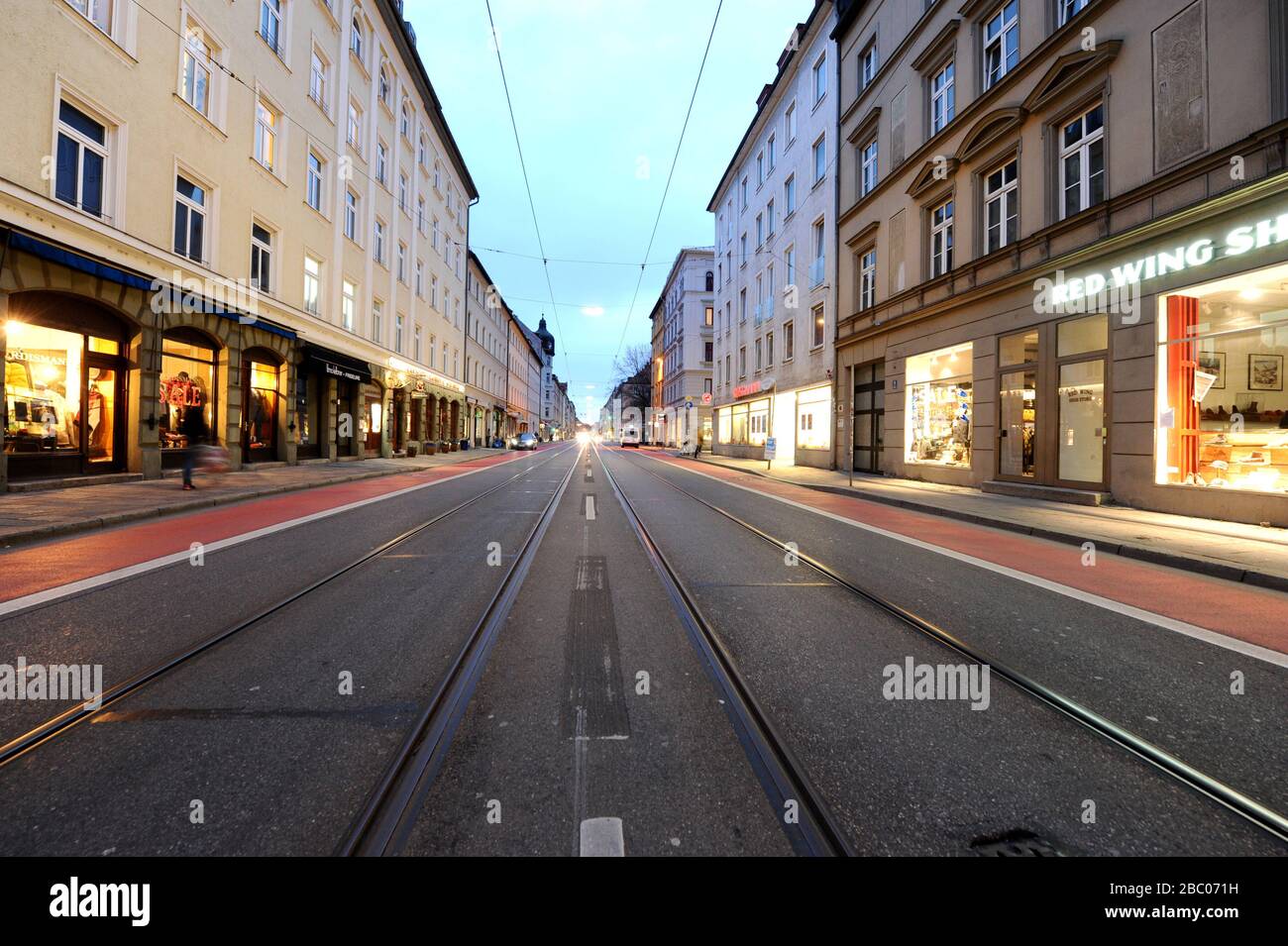 In Fraunhoferstraße in Munich's Isarvorstadt, the parking spaces at the roadside have each been replaced by a cycle path. [automated translation] Stock Photo