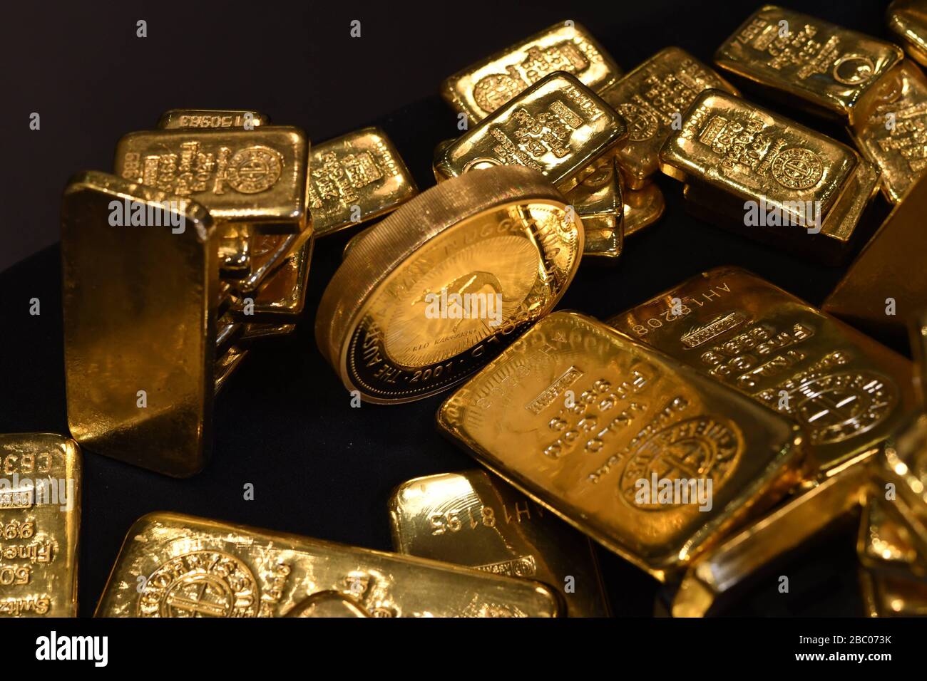 Gold bars in the vault of the gold trading company Pro Aurum - Precious metals, coins, bars in Munich. [automated translation] Stock Photo