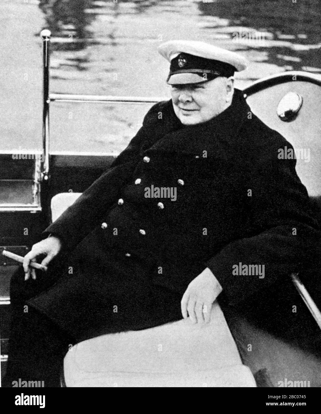 Churchill in a launch on the Solent on his way to greet the Queen who is returning from her Commonwealth tour aboard HMY Britannia. 14th May 1954 Stock Photo
