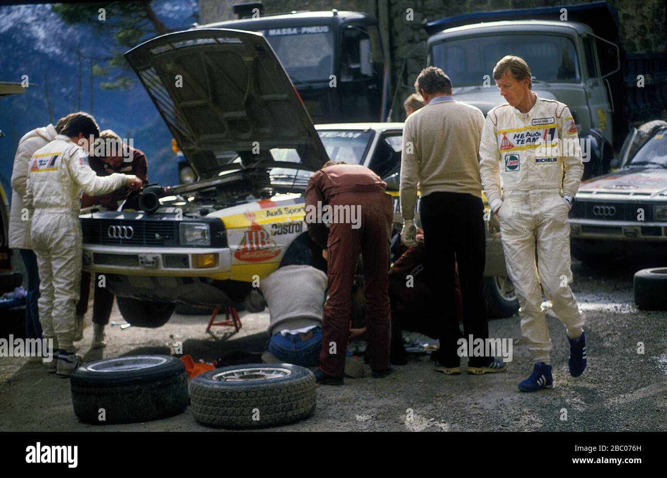 Walter Rohrl at Audi Service point on the 1985 Monte Carlo Rally Stock ...