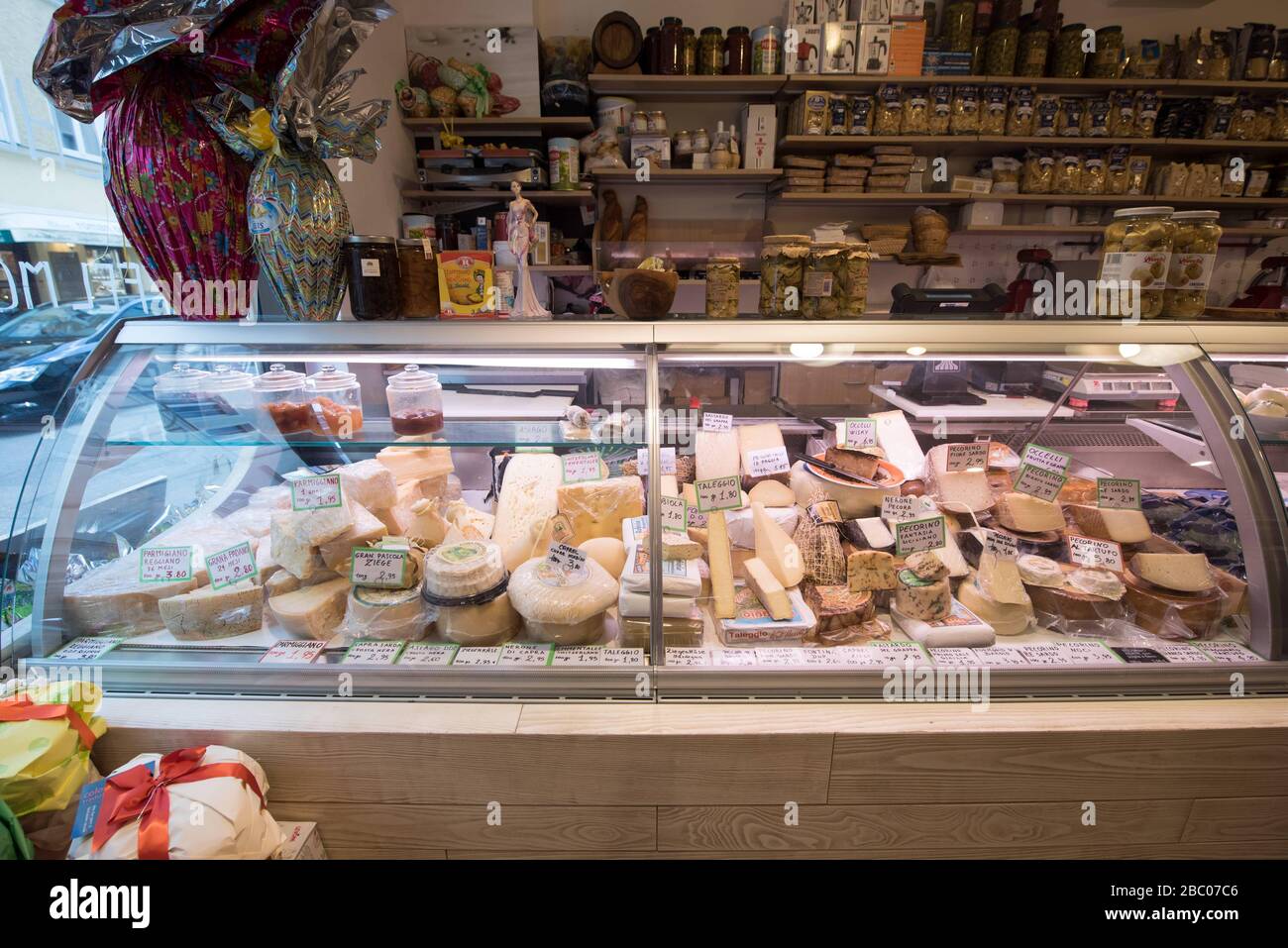 Cheese counter in the delicatessen shop in the Westenriederstraße in Munich. Due to the corona crisis, there will soon be delivery problems for cheese and ham here. [automated translation] Stock Photo
