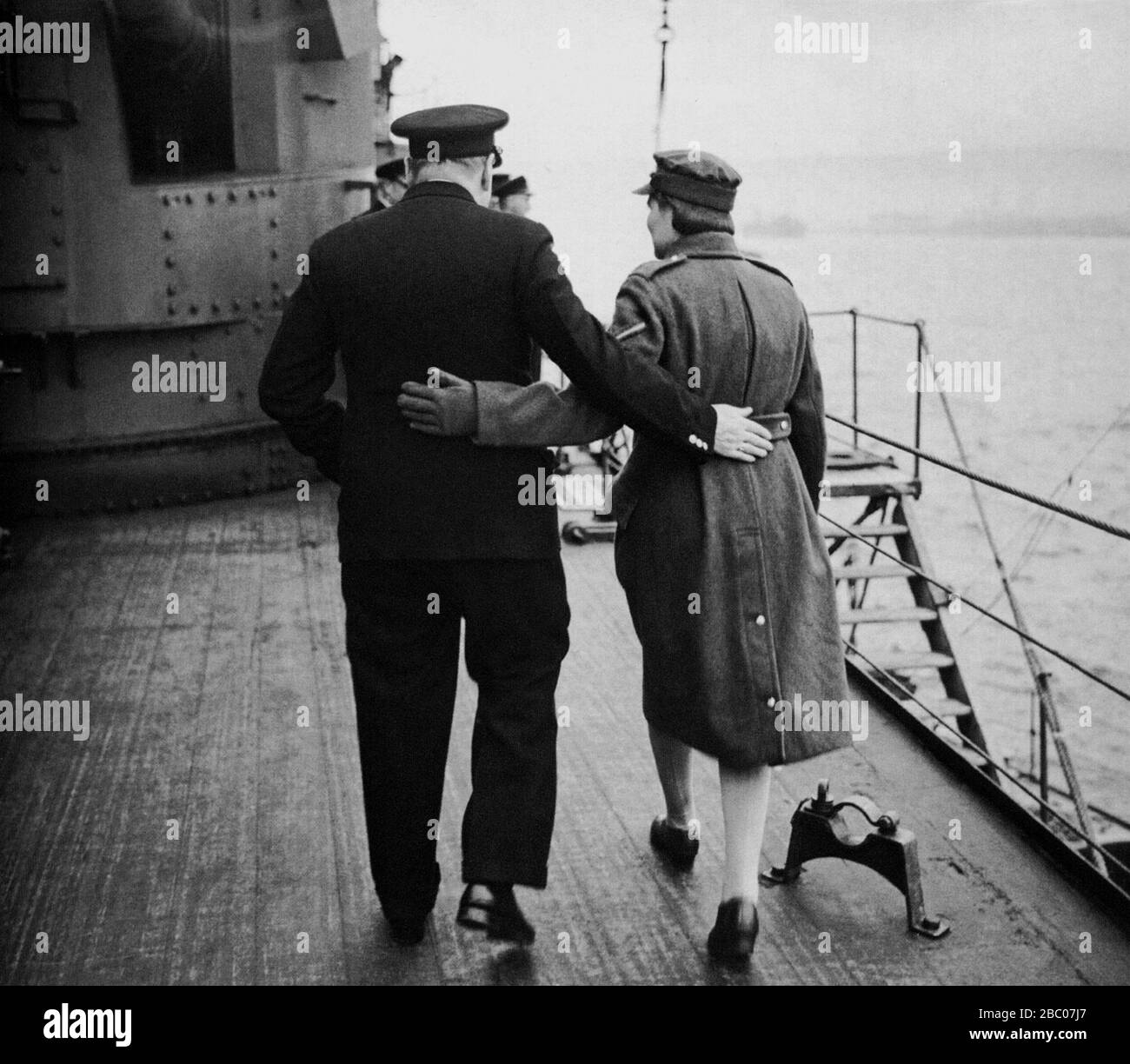 Winston Churchill with his daughter Mary aboard HMS Duke of York on his way to the United States for a meeting with President Roosevelt. December 1941 Stock Photo