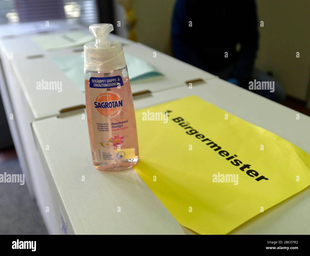 Local elections 2020 under the sign of the corona virus: in the picture disinfectant in a polling station in Höhenkirchen. [automated translation] Stock Photo