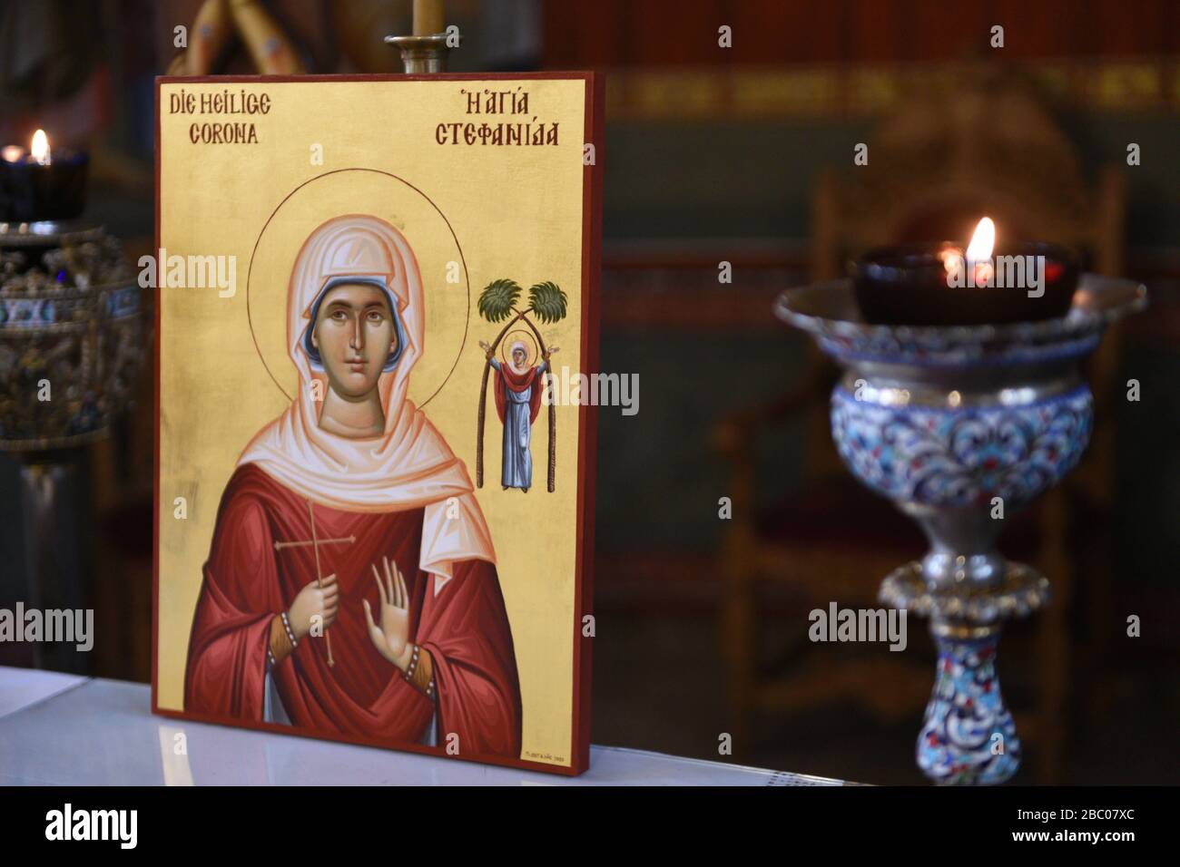 For 40 days the just made icon of St. Corona will be kept for consecration on the altar of the Greek Orthodox Church of All Saints at Ungererstraße 131. The saint nourishes the hope for help in the raging Corona pandemic. [automated translation] Stock Photo