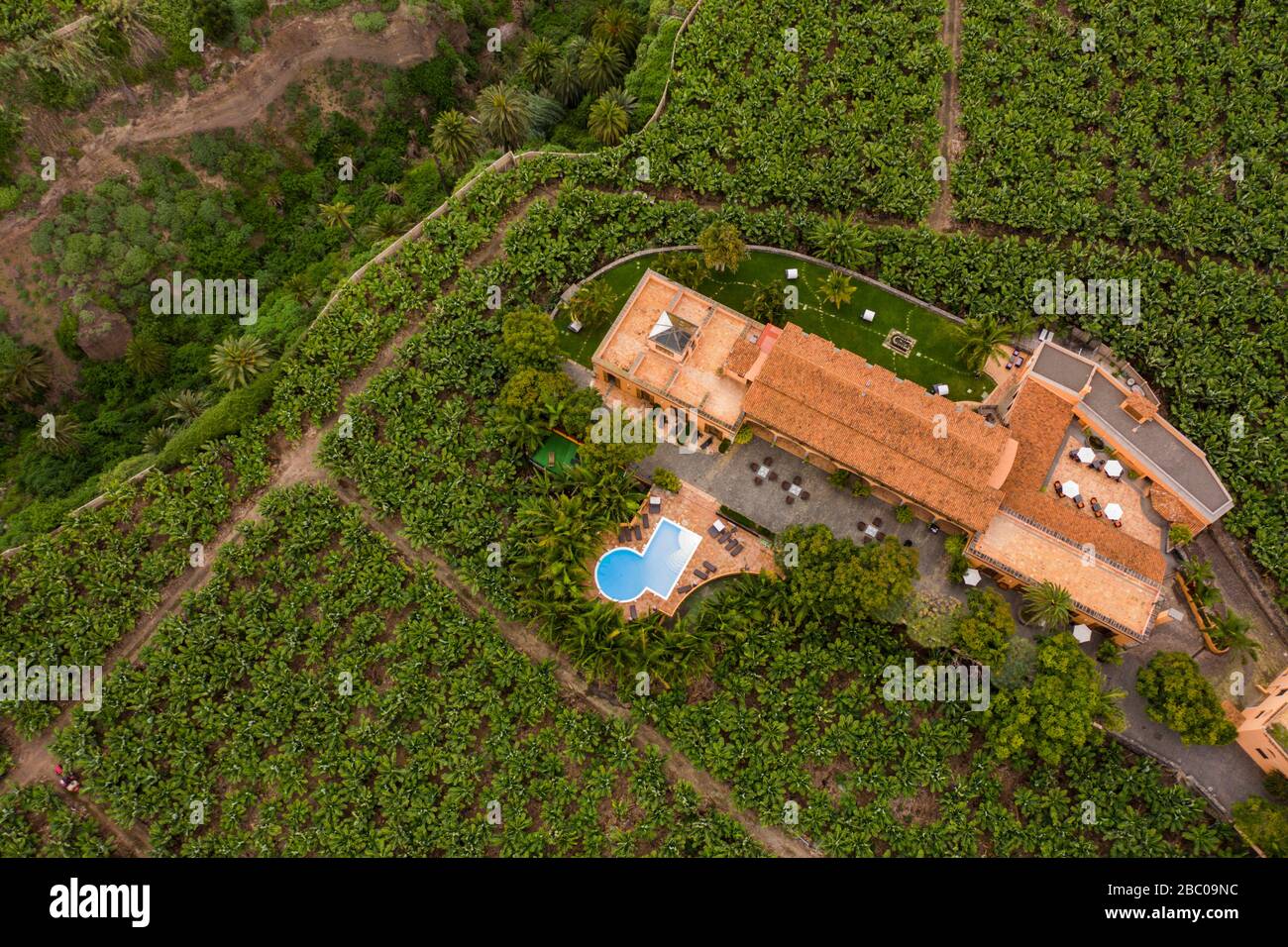 Spain, Canary Islands, Gran Canaria, Arucas - Hotel Rural La Hacienda Del Buen Suceso. Located right in the middle of  50 hectares of banana trees, th Stock Photo