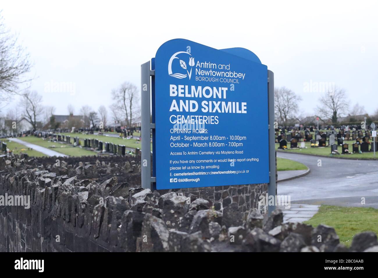 The entrance to Sixmile Cemetery in County Antrim, in Northern Ireland, where graves have