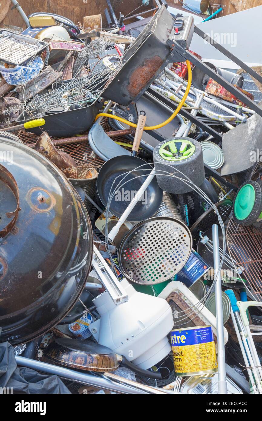 Recycled materials at collection point, Ireland.  Different metals. Stock Photo