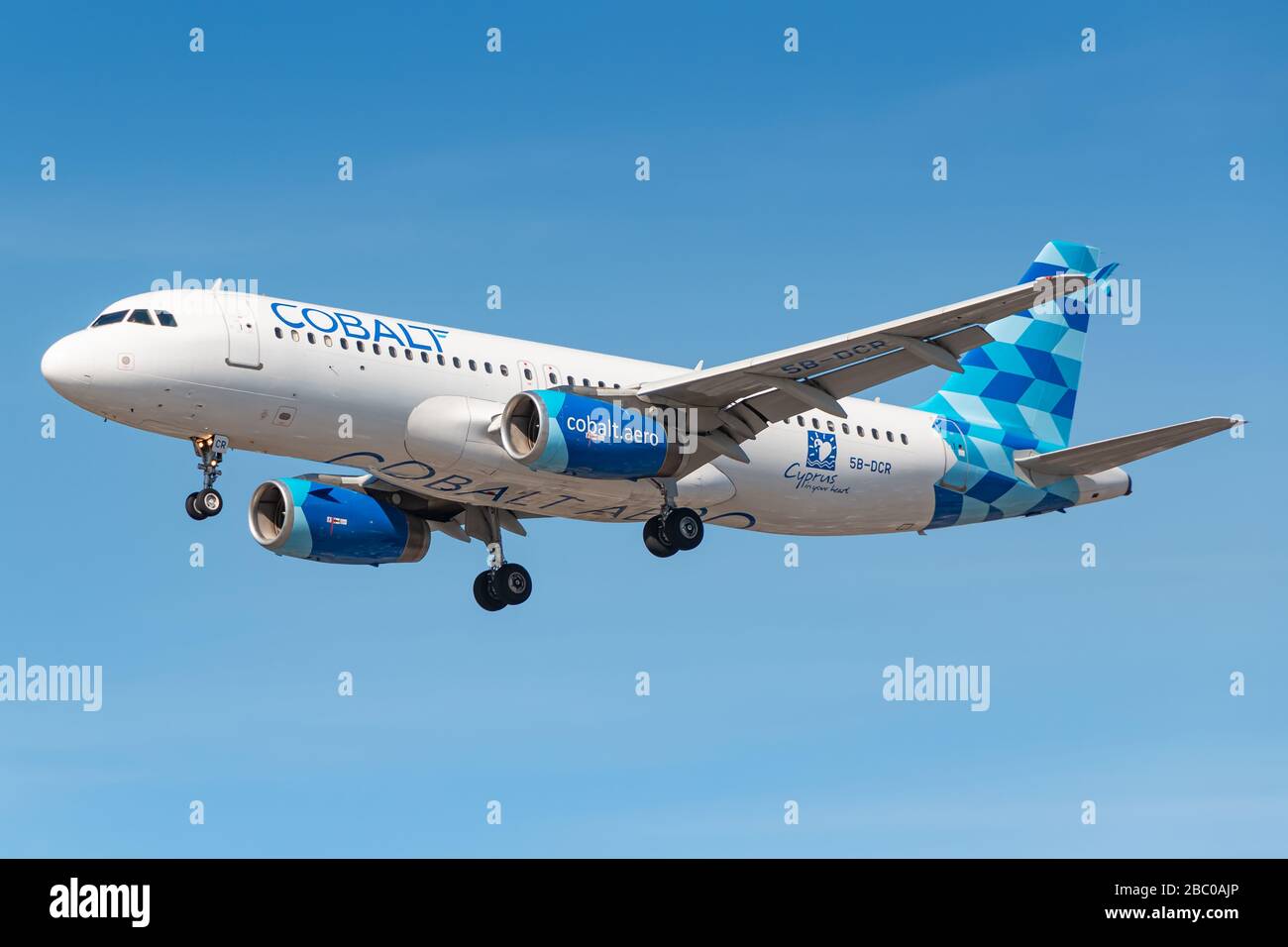 London, United Kingdom - August 1, 2018: Cobalt Aero Airbus A320 airplane at London Heathrow airport (LHR) in the United Kingdom. Airbus is an aircraf Stock Photo