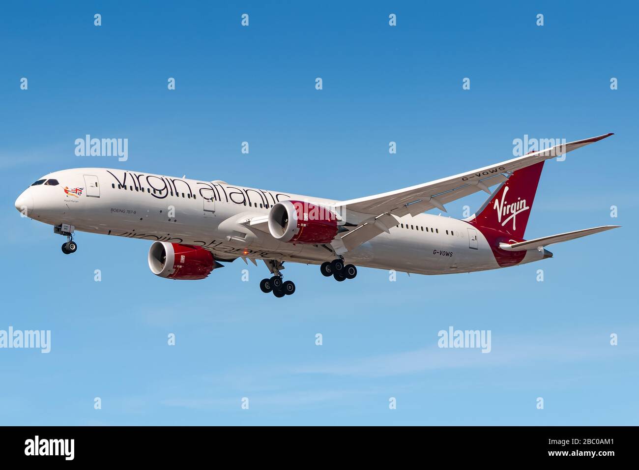 London, United Kingdom - August 1, 2018: Virgin Atlantic Boeing 787 airplane at London Heathrow airport (LHR) in the United Kingdom. Boeing is an airc Stock Photo