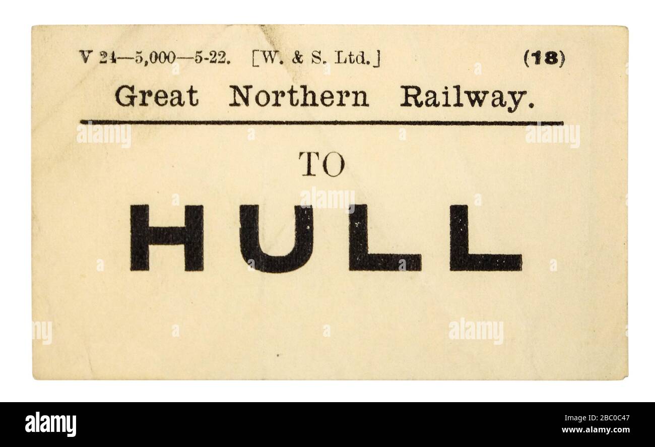 Vintage British GNR (Great Northern Railway) railway luggage label / tag to Hull Stock Photo